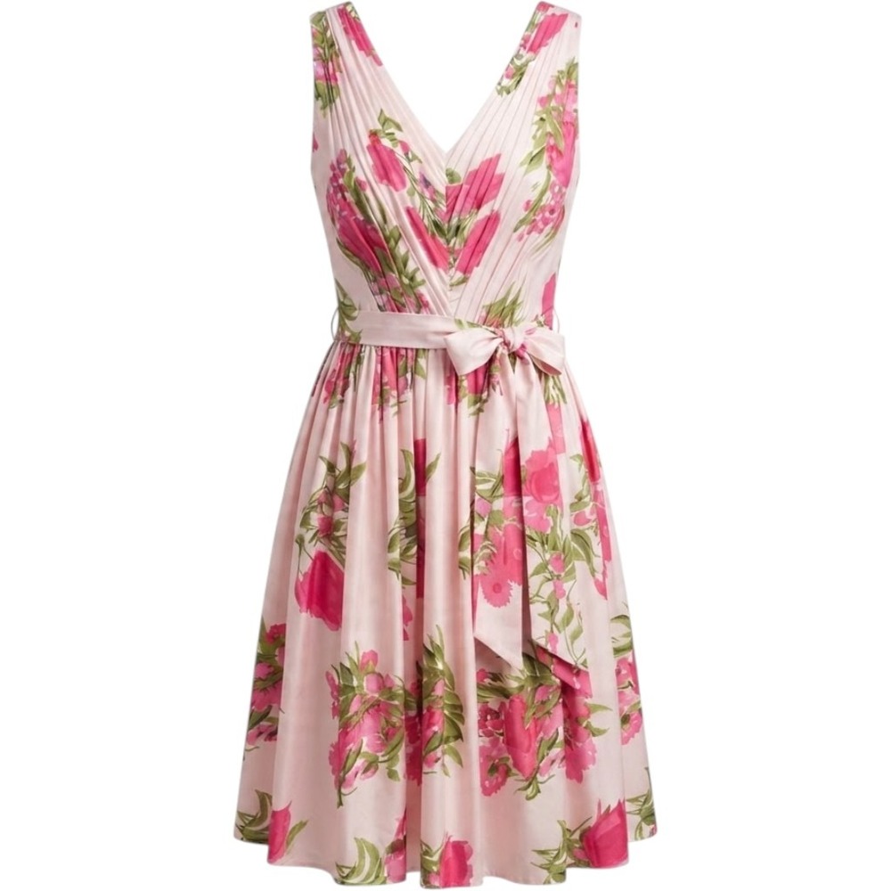 Boden Pink Floral  Fit & Flare  Dress 10L Pleated Knee Length Romantic Cottage